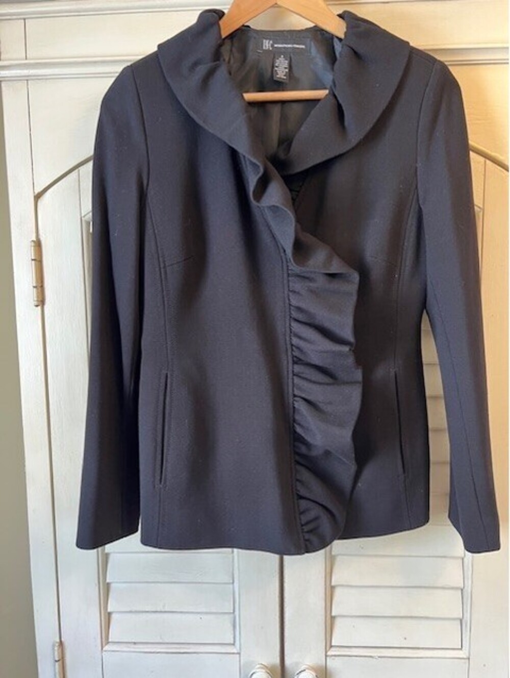 INC International Concepts Women's Black Solid Ruffle Neck Blazer Jacket-Size S